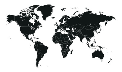 World Map With Country Borders. Detailed Outline Political World Map. Silhouette Vector Style.