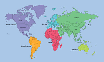 World Map Divided Into Six Continents With Country Names. Each Continent in Different Color.