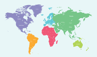 Fototapeta na wymiar World Map Divided Into Six Continents With Country Names. Each Continent in Different Color.