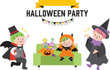 ハロウィンの仮装を楽しむ子ども達のイラストセット