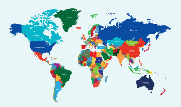 High Detailed Multicolor Vector World Map With Country Names. Colorful Political Map of World.