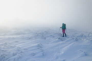 Naklejka na ściany i meble A woman in the winter trekking during the fog
