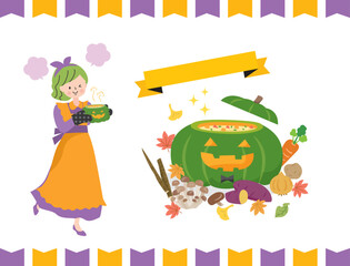 Fototapeta premium 秋野菜で作ったハロウイン料理と仮装した女性