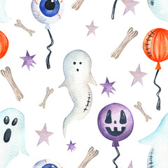 Halloween seamless watercolor pattern. Hand drawn ghosts, balloons, stars, bones on a white background. Design for wrapping paper.