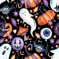 Seamless watercolor pattern. Halloween. Orange, purple pumpkins, ghost, magic mushrooms, bat, balloons, leaves and confetti on a black background. Design for wrapping paper, fabric, backgrounds