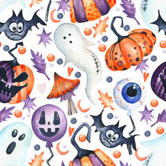 Seamless watercolor pattern. Halloween. Orange, purple pumpkins, ghost, magic mushrooms, bat, balloons, leaves and confetti on a white background. Design for wrapping paper, fabric, backgrounds
