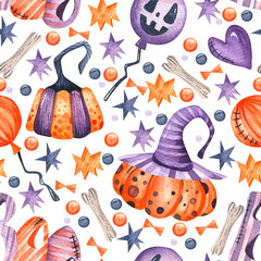 Seamless watercolor pattern. Halloween. Hand-drawn on a stylized pumpkin in a hat, a balloon with a scary face, bones, stars and confetti on a white background. Design for wrapping paper