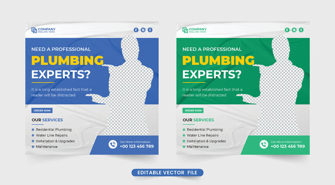 Simple plumber service advertisement poster design for marketing. Handyman and house maintenance business promotion template vector. Plumbing service social media post with green and blue colors.