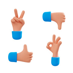 Set of cartoon 3d hands. 3d cartoon hand gestures isolated on white background.3d rendering