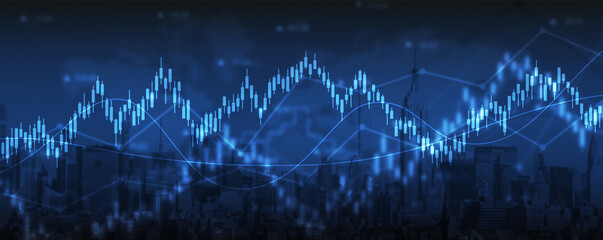 financial chart with line graph in stock market on cityscape background
