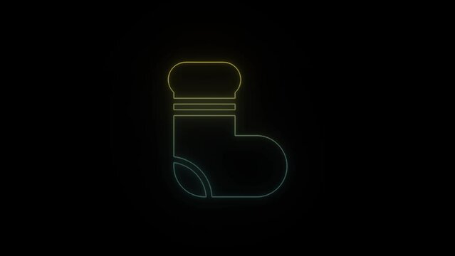 Glowing neon sock icon on black background. holiday gift. 4K video animation for motion graphics and compositing.