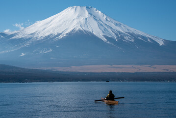 Vintage Kayak on lake in front of Mount Fuji