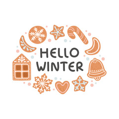 Fototapeta na wymiar Hello winter phrase with wreath lettering vector