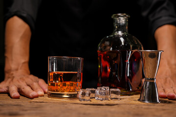 Bartender Serve Whiskey, on wood bar, 