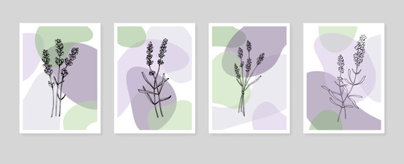 Fototapeta na wymiar Set of Abstract Lavender Hand Painted Illustrations for Wall Decoration, minimalist flower in sketch style. Postcard, Social Media Banner, Brochure Cover Design Background. Modern Abstract Painting.