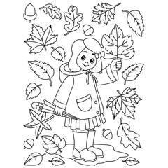 child with autumn leaves Cute girl in beautiful Autumn Leaves on the fall season rainy day vector coloring page outline