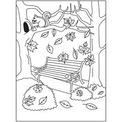 Squirrel on tree branch and a bench between two trees maple leafs Autumn Fall season coloring pages