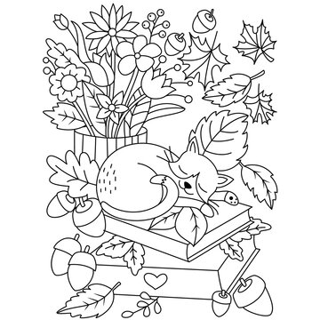 Sloth sleeping on the book behind a flower vase maple leaf acorn autumn fall vector coloring pages outline