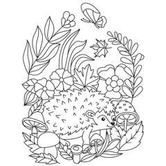 Hedgehog in the leaves flowers mushroom butterfly Autumn Fall season coloring illustration pages