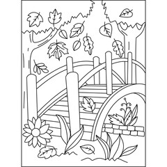 Garden with wooden bridge autumn leaves flowers to fall season coloring illustration pages