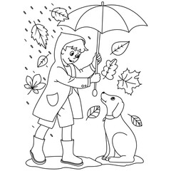 Dog and Girl on a rainy day Autumn leaves maple leaf Fall season coloring illustration pages