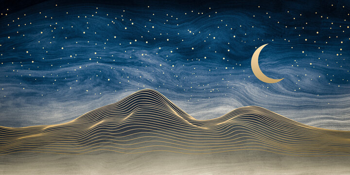 Abstract art landscape mountain starry night sky with crescent moon stars by golden line art texture on dark blue paint background. Minimal luxury style for wallpaper, wall art decoration.