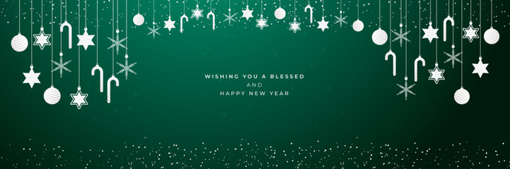 Hanging christmas icons and new year greeting wide banner background