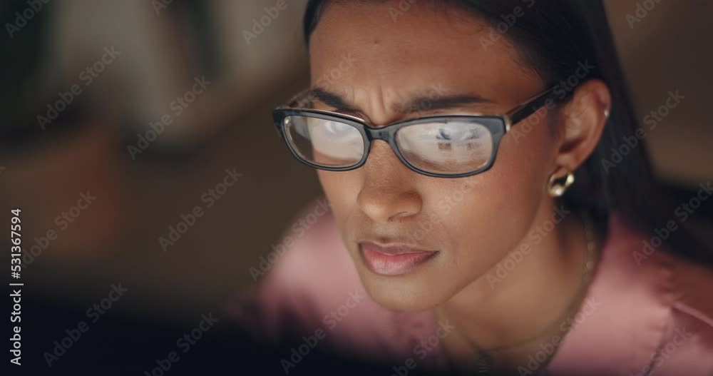Poster night, laptop and confused woman with glasses reading business email, finance report or company data