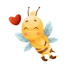 Cute Bee Character with Striped Yellow Body and Wings Kissing Sending Red Heart Vector Illustration
