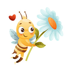 Cute Bee Character with Striped Yellow Body and Wings Carrying Daisy Flower with Red Heart Vector Illustration