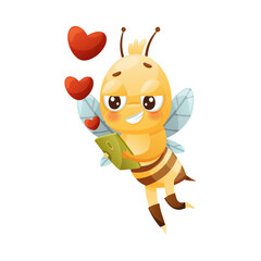 Cute Bee Character with Striped Yellow Body and Wings Sending Love Message with Smartphone Vector Illustration
