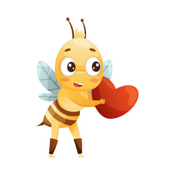 Cute Bee Character with Striped Yellow Body and Wings Holding Red Heart Vector Illustration