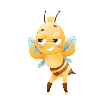 Cute Bee Character with Striped Yellow Body and Wings Showing Off with Muscle Vector Illustration