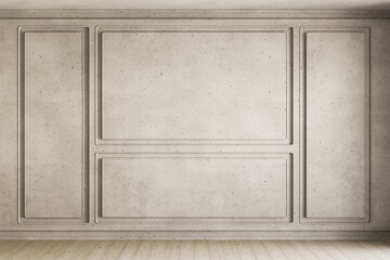 Beige interior with architectural concrete classic wall panels. 3d render illustration mockup.