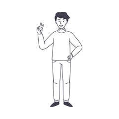 Young Man Showing V Sign with Hands as Positive Peace Gesture Feeling Happiness and Excitement Vector Illustration