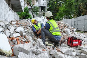 Accident in construction workplace, Knee accident from slip or stumble fall on the concrete scrap...