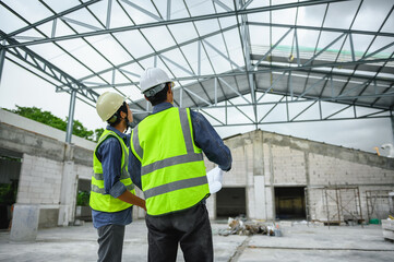 Civil engineers discuss with foreman or builder while holding blueprints and standing under steel structure roof of building at construction site, Consultant in construction site jobs concept.