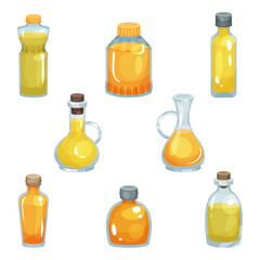 Vegetable Oil and Fat Extract Poured in Glass Transparent Bottles with Lid Vector Set