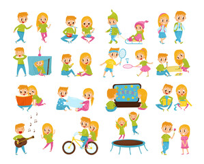Cute Boy and Girl Friends Engaged in Different Activity Together Big Vector Set
