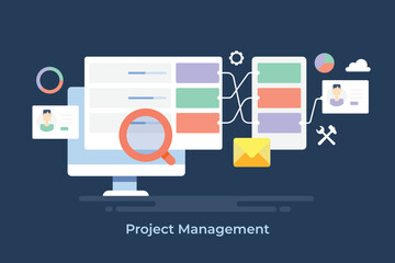 Project management software workflow concept, team collaboration, web banner template. - obrazy, fototapety, plakaty
