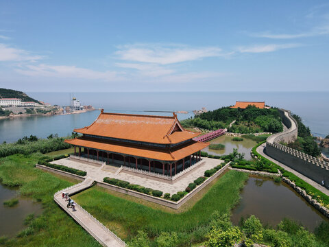 Aerial View of Buddhist Temple and the Pacific Ocean at Chengshantou Resort, Weihai, Shandong Province, China