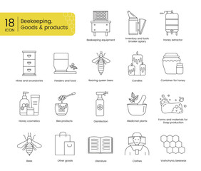 A set of icons for the online store of beekeeping and apiary includes voshchyna, beeswax, bee products, honey cosmetics, container for honey, candles, hives and honey extractor, inventory and tools