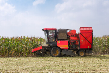 A combine harvesting corn in a field