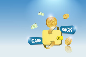 Money cash back, money roll back on purse. Online advertising marketing for commercial promotion campaign, financial for web banner, template.