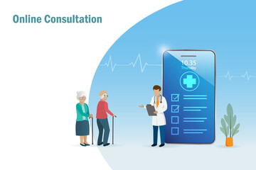 Online consultation, virtual doctor for elderly. Doctor on smartphone examining senior couple health problem. Medical and healthcare innovation technology, healthy aging.