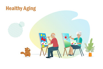 Healthy aging, senior lifestyle. Happy elderly couple painting canvas for relaxation and recreation activities.