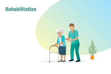 Rehab therapy for senior. Physiotherapist, rehabilitation doctor assist elderly woman walking with walker. Rehabilitation, physiotherapy and medical healthcare, recovery from trauma or injury.