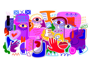Abstract face portrait hand drawn, line art, colorful, various shapes and doodles vector illustration.