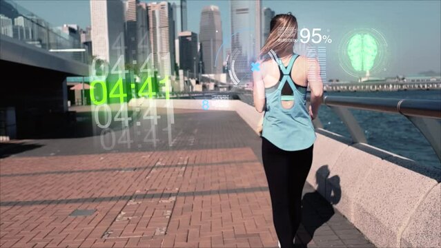 Sports technology concept.Beauty asian woman running by virtual reality in the city. Holographic display concept.