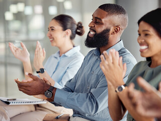 Applause, motivation and success with a business team clapping during a workshop for learning,...